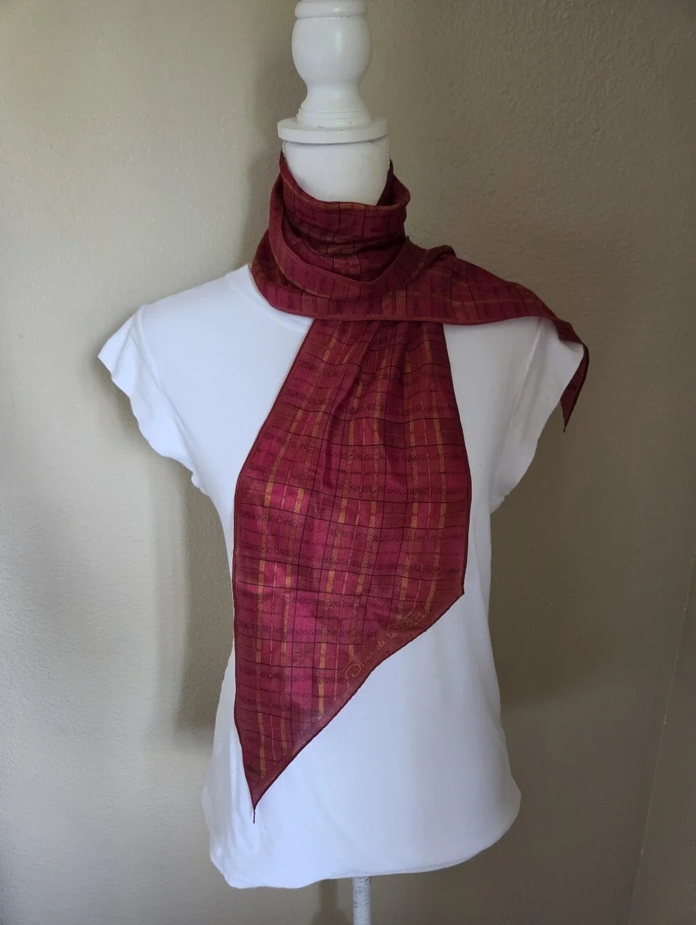 vintage oscar de la renta red plaid scarf sheer geometric stripe rectangle